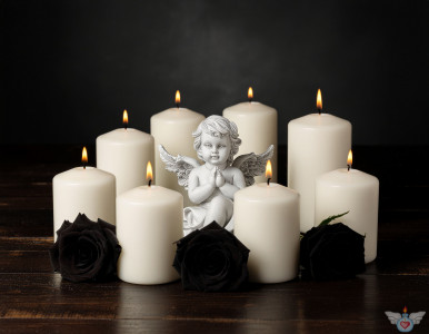 Ein Engel inmitten brennender Kerzen und schwarzer Rosen auf einem hellen Hintergrund. Symbol für Gedenken, Trauer und Frieden.