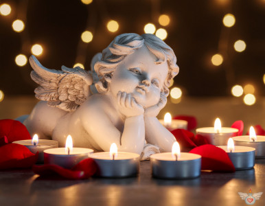Ein Engel inmitten brennender Teelichter und roten Rosenblätter auf einem dunklen Hintergrund. Symbol für Gedenken, Trauer und Frieden.