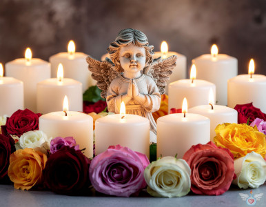Ein Engel inmitten brennender Kerzen und bunten Rosen auf einem dunklen Hintergrund. Symbol für Gedenken, Trauer und Frieden.