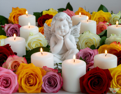 Ein Engel inmitten brennender Kerzen und bunten Rosen auf einem grauen Hintergrund. Symbol für Gedenken, Trauer und Frieden.