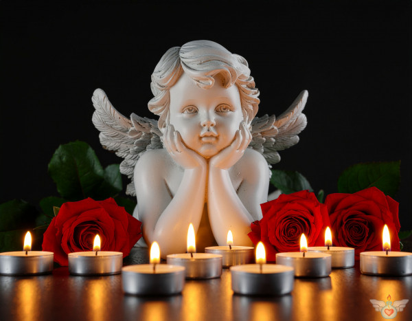 Ein Engel inmitten brennender Teelichtern und roter Rosen auf einem dunklen Hintergrund. Symbol für Gedenken, Trauer und Frieden.